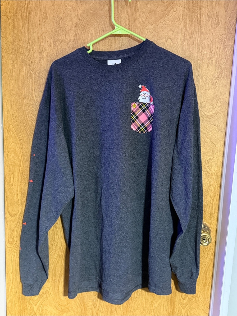 Simply Southern Charcoal Long Sleeve Tee with Pink Plaid Pocket and Santa